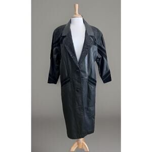 Vintage Paris Sport Club Long Black Leather Trench Coat Goth City Retro Size M